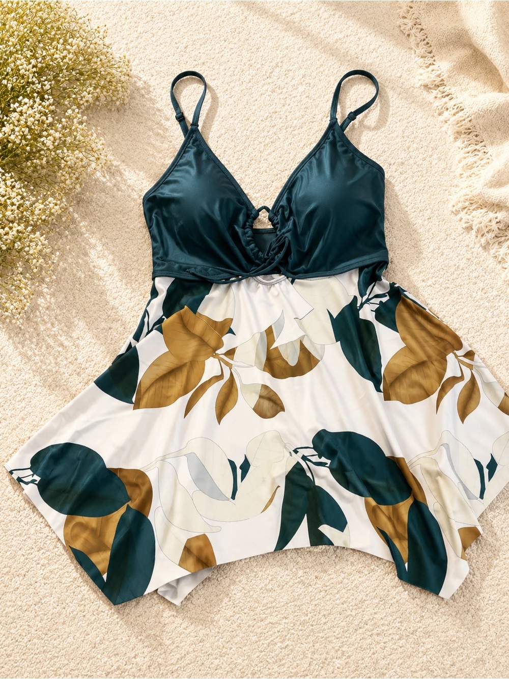Leaf-Print Satin Chemise in Teal Green & Cream